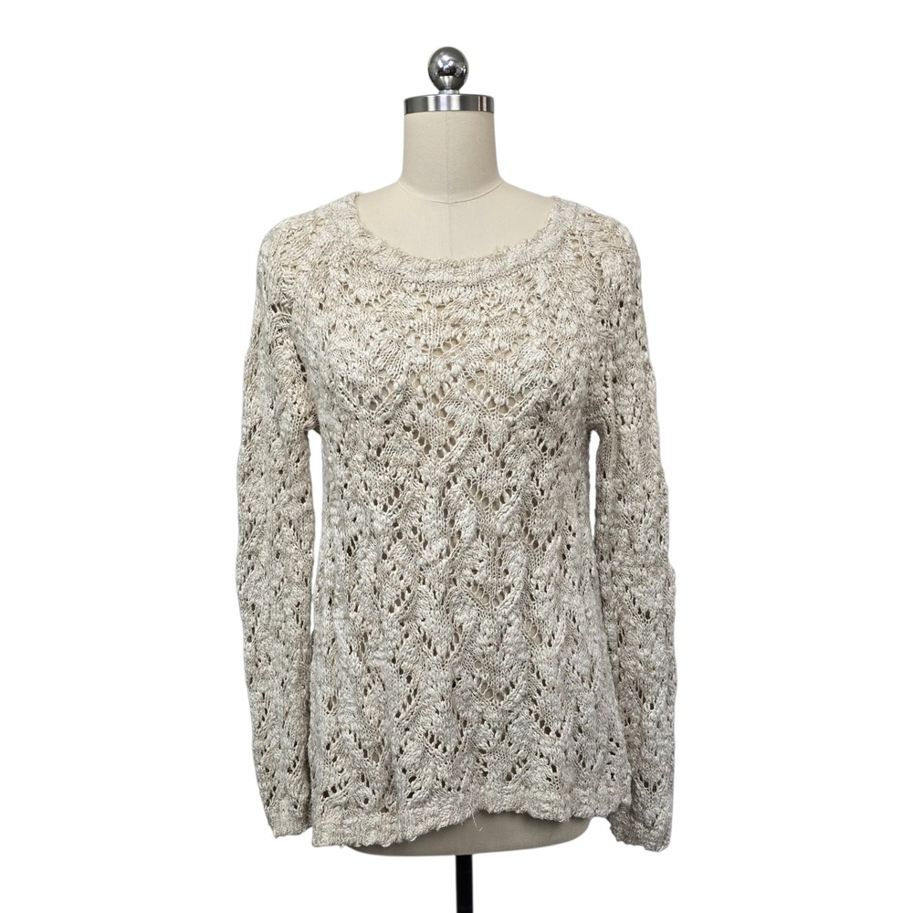 Moth Lace Open Knit Sweater Beige Tan Crew Neck Long Sleeve Casual Size‎ Med